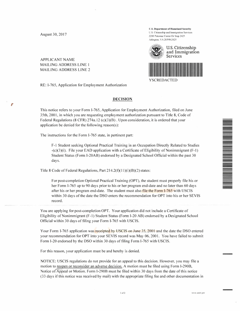 this is a USCIS rejection of OPT, it says OPT denied