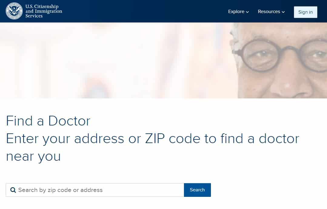 A screenshot of the USCIS "Find a Doctor" website to schedule a USCIS medical exam, Form I-693