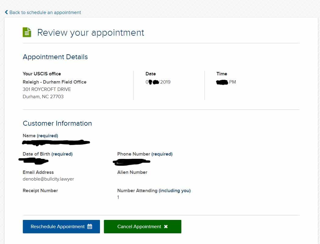 Image of USCIS Infopass appointment review screen