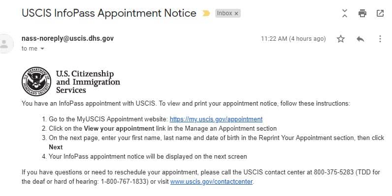 A screenshot of the USCIS Infopass Appointment notice you will receive after the callback Officer schedules your appointment.